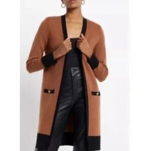 PHILOSOPHY Cardigan‎ Open Front Long Line Knit Pockets Black Trim Gold Hardware